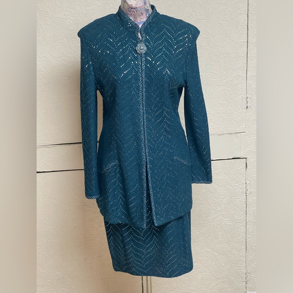 St. John Teal and Gold Knit Ensemble